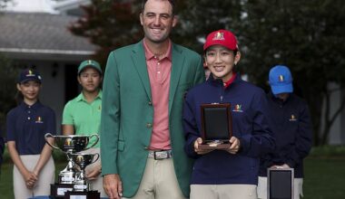 New dad Scottie Scheffler is pictured in his green jacket at Augusta National on Sunday