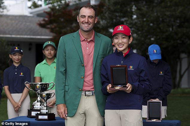 New dad Scottie Scheffler is pictured in his green jacket at Augusta National on Sunday