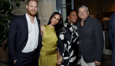 The Duke and Duchess of Sussex pose for a photo with Netflix boss Ted Sarandos and his wife Nicole Avant in Montecito on Friday night