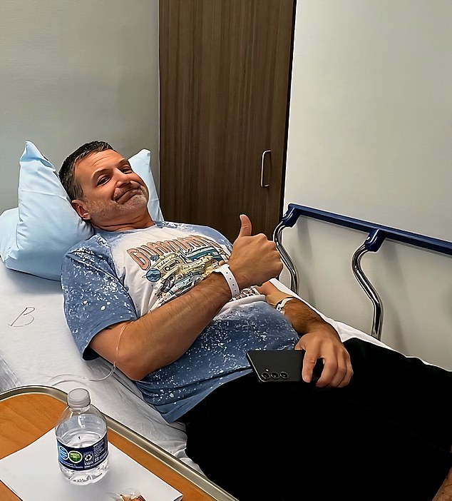 League had eight weeks of radiation, and then received immunotherapy. He is pictured above before treatment