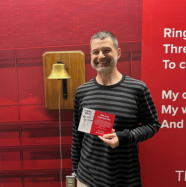 Doctors are hopeful for the future. Above, League is shown ringing a bell after completing the radiation part of their treatment. He also has a letter from staff congratulating him