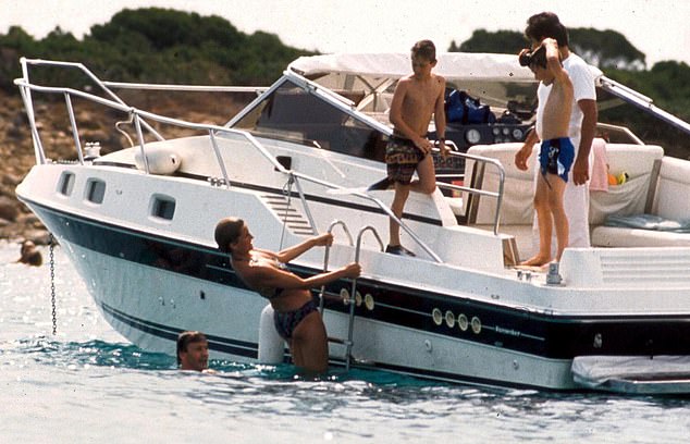 He is pictured on a speedboat with Diana and his close friends, William and Harry