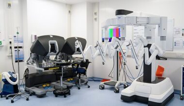 A robotic surgical system pictured ahead of a state-of-the-art robot assisted surgery performed by the NHS at Solihull Surgical Hub in Solihull Hospital, West Midlands.
