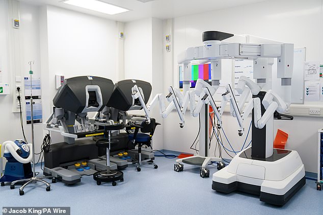 A robotic surgical system pictured ahead of a state-of-the-art robot assisted surgery performed by the NHS at Solihull Surgical Hub in Solihull Hospital, West Midlands.