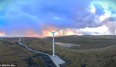 The Viking windfarm in the Shetland Islands, the northernmost region of the UK, hosts 103 turbines, but residents say they are often stationary during strong winds