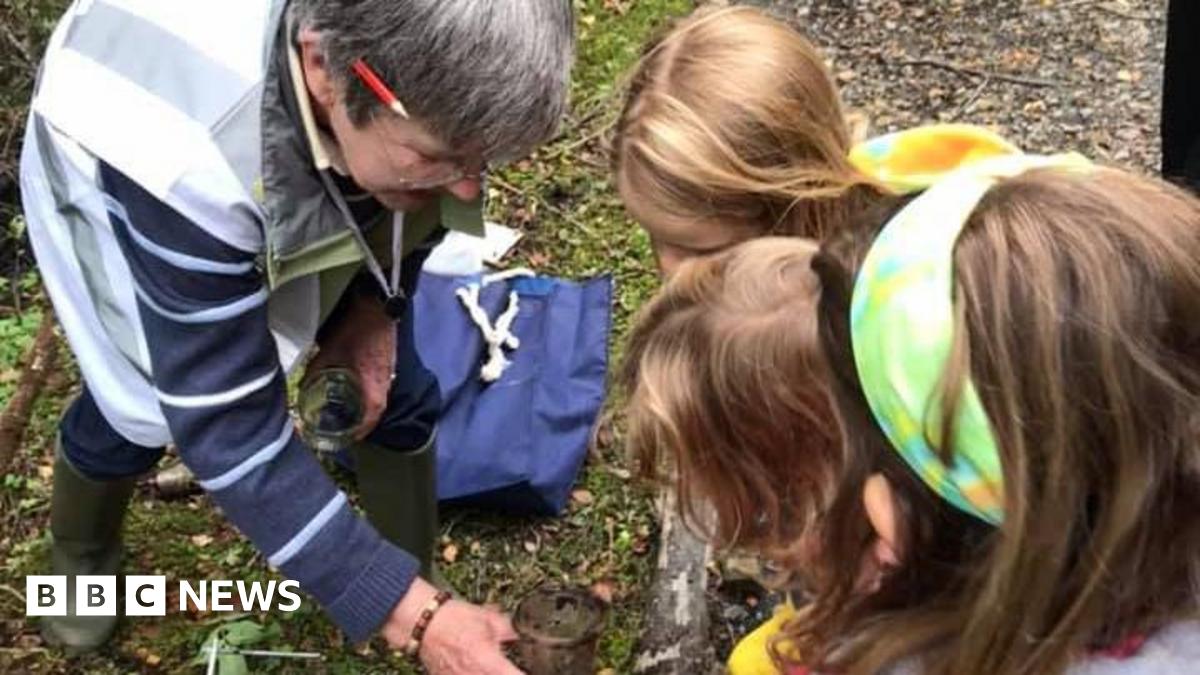 A volunteer in woodland with a pencil behind her ear holds a jar which three young girls are looking into.