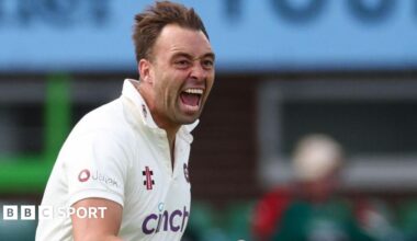 Harry Conway celebrating taking a wicket for Northamptonshire.