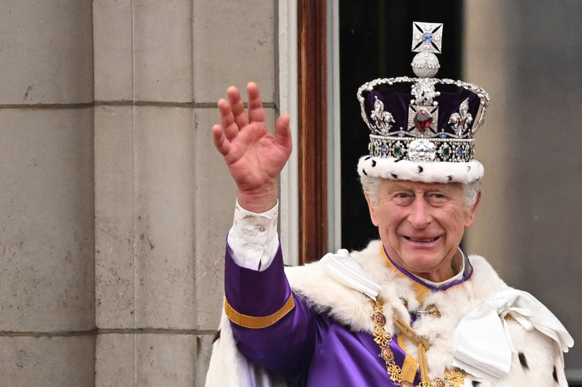 Britain's King Charles III waves from the Buckingham Palace balcony in London, United Kingdom, after his coronation on May 6, 2023.