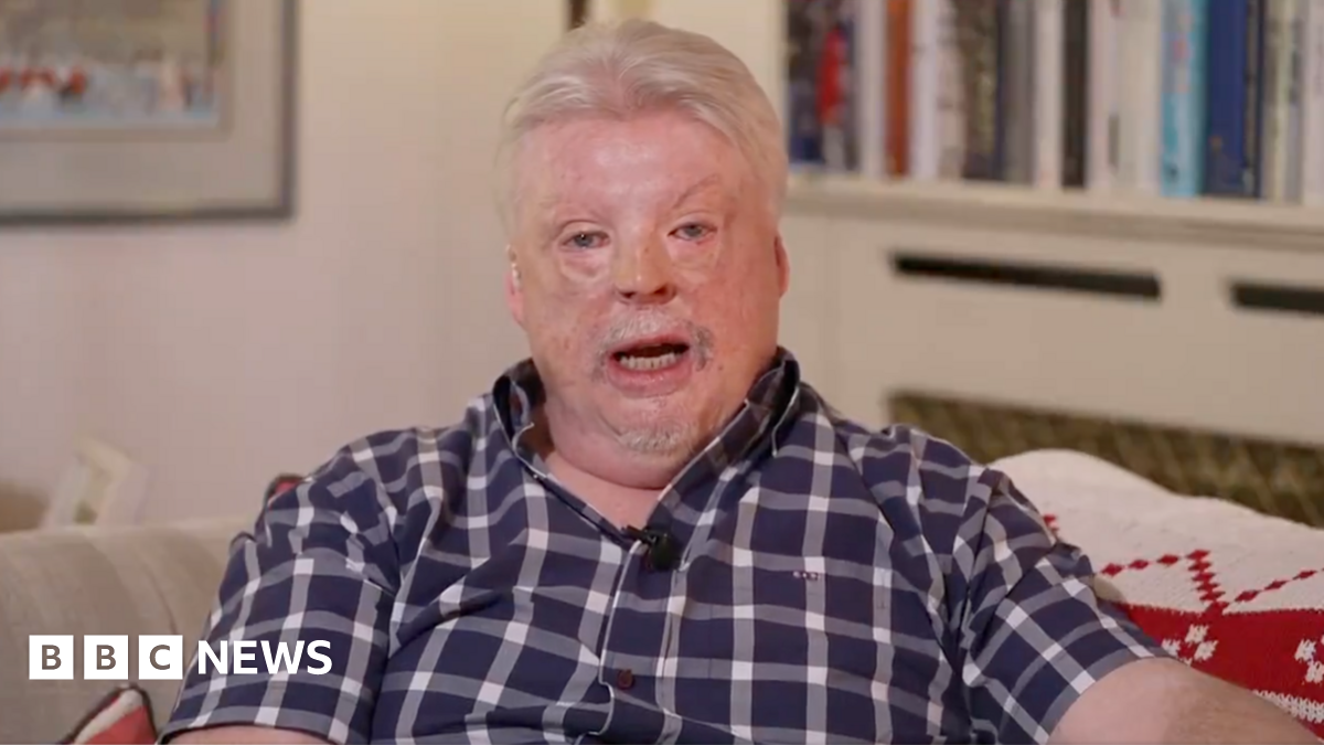 Falklands war veteran Simon Weston speaks to BBC Newsnight wearing a blue checkered shirt