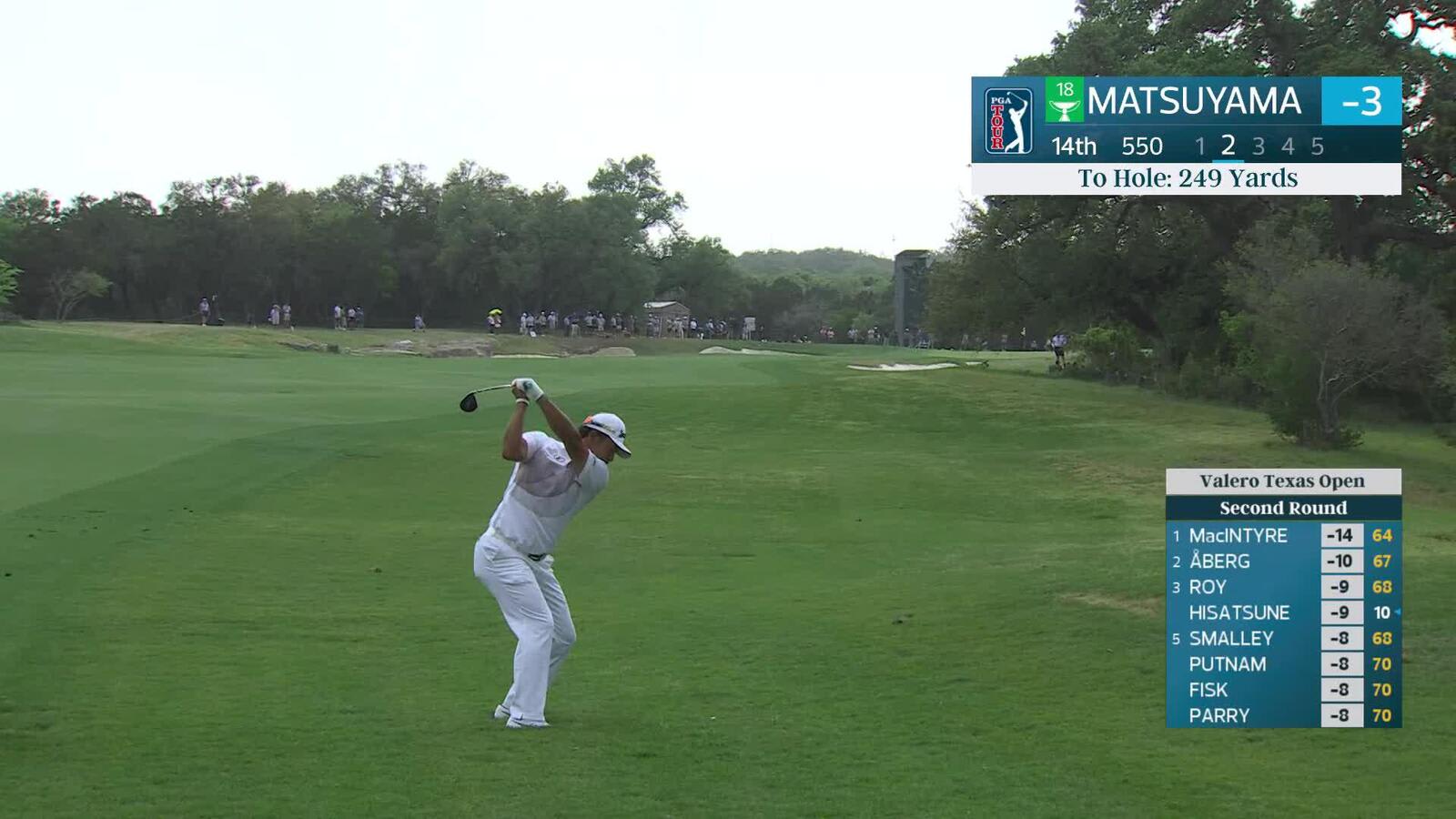 Hideki Matsuyama's 252-yard shot from rough sets up eagle on No. 14 at Valero