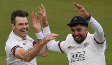 James Anderson celebrates a County Championship wicket with Lancashire team-mate Ajeet Singh Dale (Getty Images)