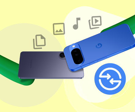 Illustration of a Google Pixel and a Samsung phone tapping together to share files, with a large Quick Share icon in the foreground.