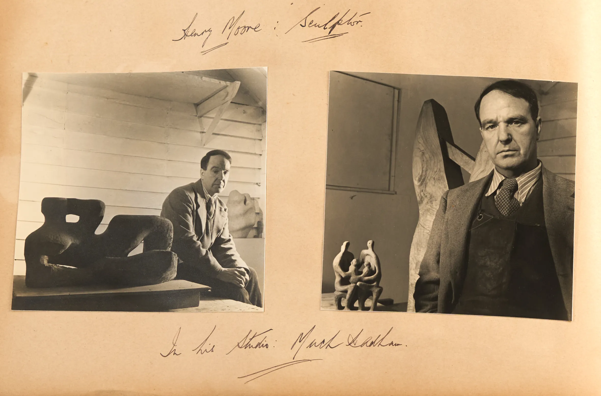 A scrapbook page showing 9 black and white photographs of Henry Moore and Cecil Beaton.
