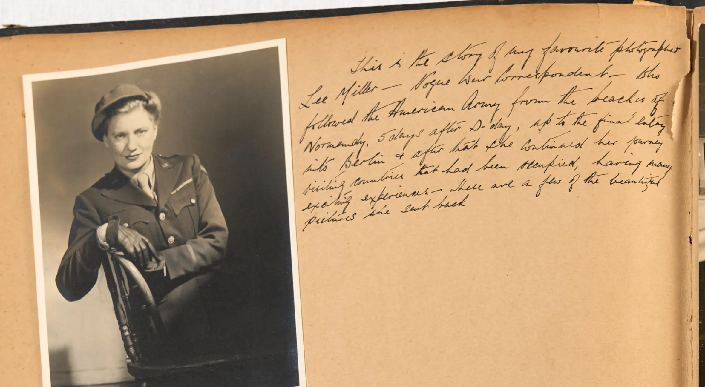 An open scrapbook containing several black and white photographs and handwritten notes from the "Miller – Beaton scrapbook" spanning 1943-1949.