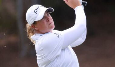 Lauren Coughlin hits an approach shot on the ninth hole during the first round of the Aramco Championship LPGA golf tournament, Thursday, April 2, 2026, in North Las Vegas. (AP Photo/Ian Maule)