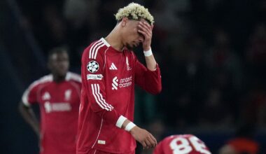 Hugo Ekitike reacts after Liverpool fall 2-0 down to PSG in the Champions League quarter-final first leg