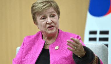 IMF Managing Director Kristalina Georgieva speaking at a press conference, addressing global economic challenges.