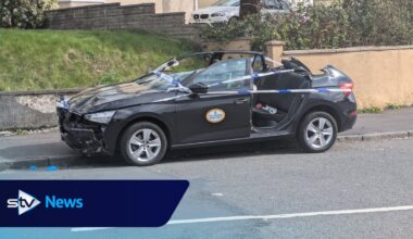 Roof of taxi cut off and woman in hospital following Glasgow crash