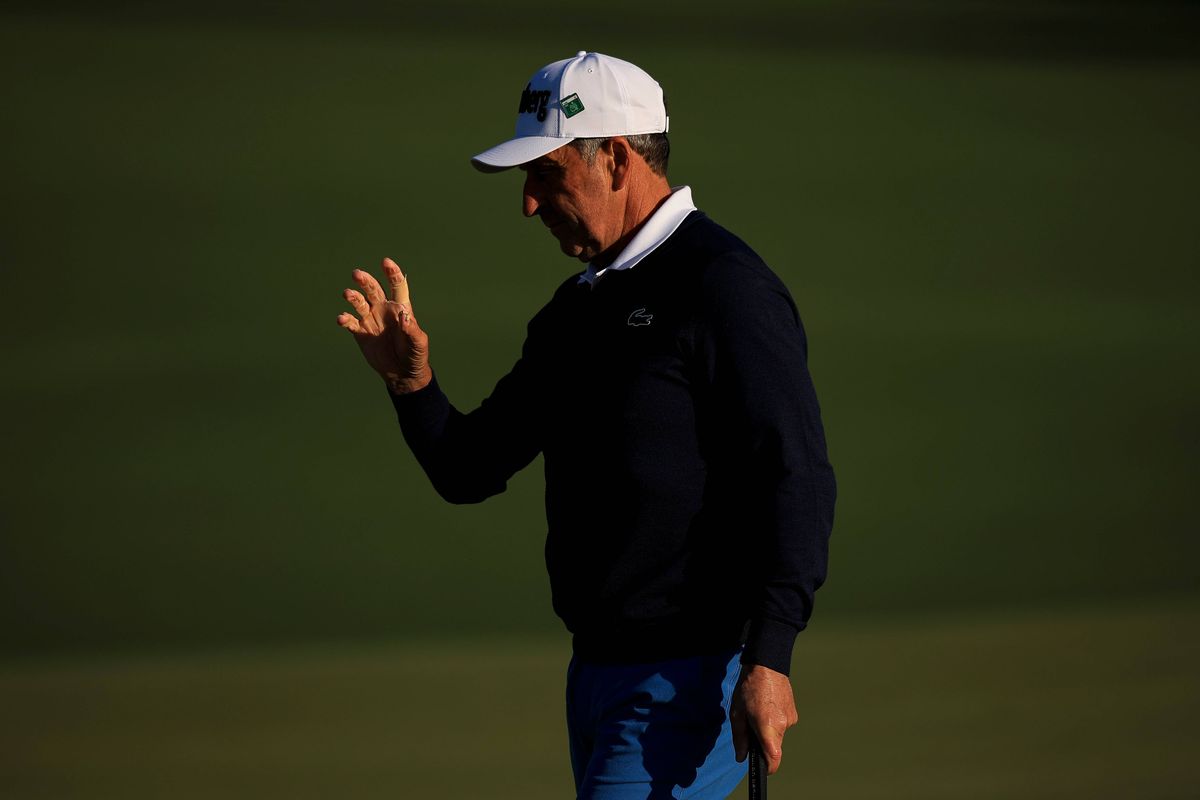 AUGUSTA, GEORGIA - APRIL 09: Jose Maria Olazabal of Spain reacts on the second green during the first round of the 2026 Masters Tournament at Augusta National Golf Club on April 09, 2026 in Augusta, Georgia. (Photo by Jared C. Tilton/Getty Images)