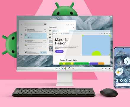 Screen displaying an Android desktop interface with a Google Pixel next to it and some Android mascots in the background