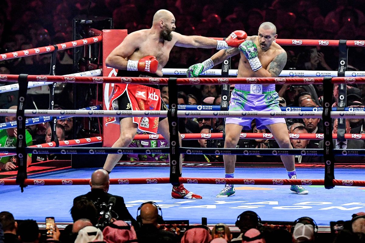 Tyson Fury and Oleksandr Usyk compete during their heavyweight world championship rematch.