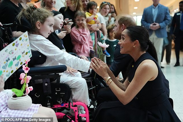 Britain's Prince Harry (C), Duke of Sussex, and his wife Meghan (front), the Duchess of Sussex, meet patients and their families during their visit at the Royal Children's Hospital in Melbourne on April 14, 2026. (Photo by Jonathan Brady / POOL / AFP via Getty Images)