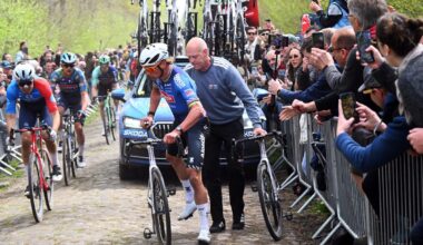 ROUBAIX, FRANCE - APRIL 12: Mathieu van der Poel of Netherlands and Team Alpecin-Premier Tech changes his bike passing through the Trouee d