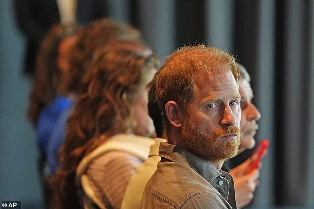 Britain's Prince Harry, the Duke of Sussex, in the audience before taking part in a Q&A session during a visit to Movember at the Western Bulldogs Headquarters at Mission Whitten Oval, in Footscray, Melbourne, Australia, Wednesday, April 15, 2026. (Jonathan Brady/Pool Photo via AP)