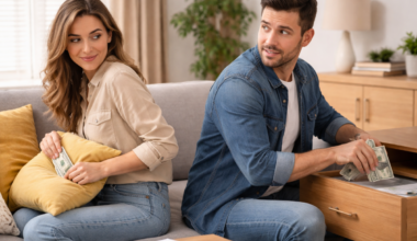 A couple discreetly tucking away cash, symbolizing secretive financial strategies and AIs role in personal finance managem...