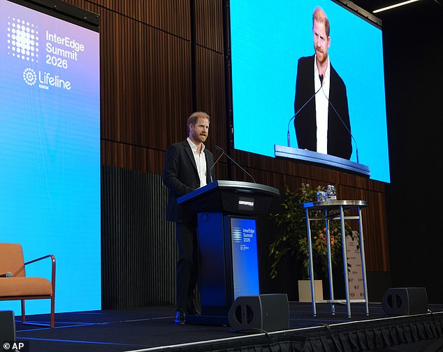Prince Harry, the Duke of Sussex delivers the keynote speech at the InterEdge Summit at Centrepiece in Melbourne Park, Australia Thursday, April 16, 2026. (Jonathan Brady/Pool Photo via AP)