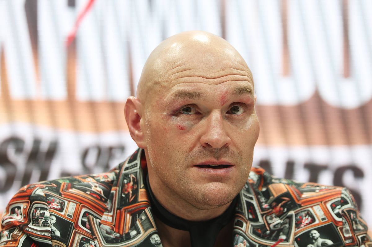 LONDON, ENGLAND - APRIL 11: Tyson Fury speaks to the media during a press conference after his victory in the Heavyweight fight between Tyson Fury and Arslanbek Makhmudov at Tottenham Hotspur Stadium on April 11, 2026 in London, England. (Photo by Richard Pelham/Getty Images for Netflix)