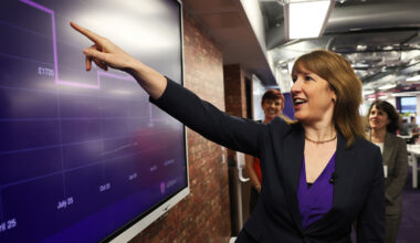Chancellor Rachel Reeves discussing UK economic strategy at a press conference podium