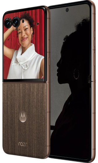 Razr 70 Ultra in Orient Blue Alcantara and Pantone Cocoa Wood