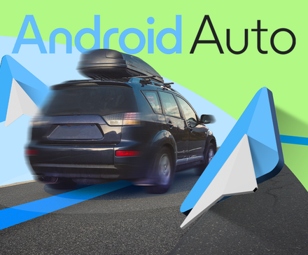 A dark SUV driving on a road, surrounded by large Android Auto icons.