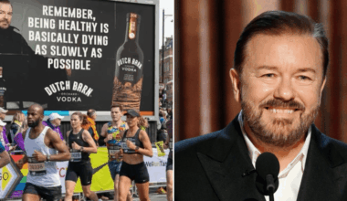 Ricky Gervais leaves fans divided with new Dutch Barn vodka billboard poking fun at London Marathon runners