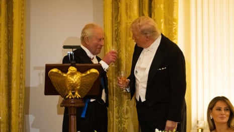 Jokes, condolences and a shiny gift: Trump and King Charles speak at US state dinner – video