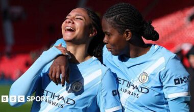 Jade Rose and Khadija Shaw celebrating after their victory over Manchester United
