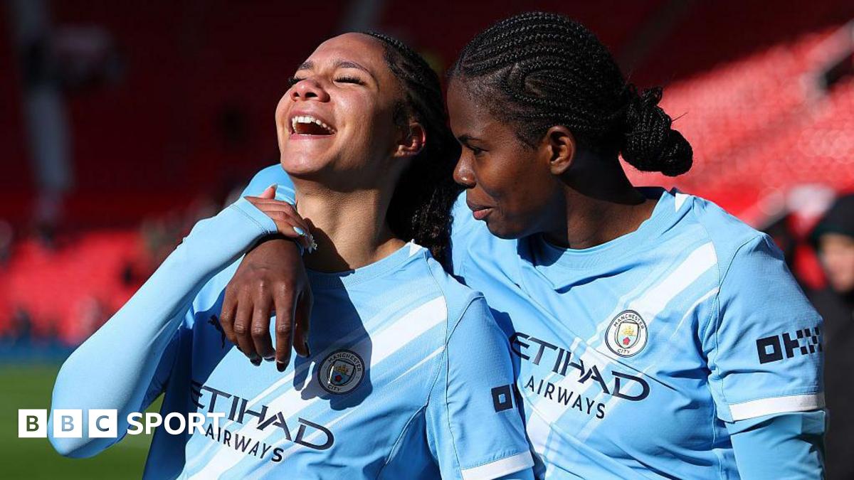 Jade Rose and Khadija Shaw celebrating after their victory over Manchester United