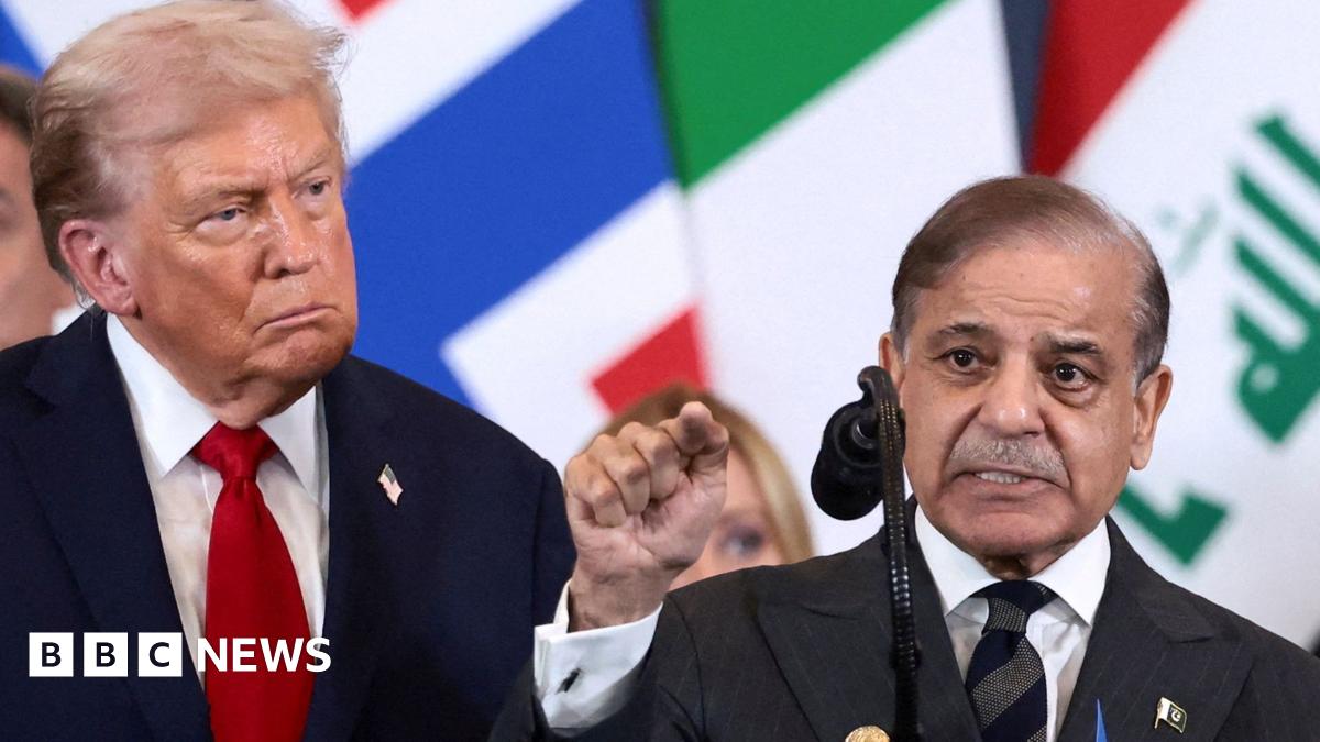 U.S. President Donald Trump looks at Pakistan's Prime Minister Shehbaz Sharif during a world leaders' summit on ending the Gaza war, in Sharm El-Sheikh, Egypt, October 13, 2025.