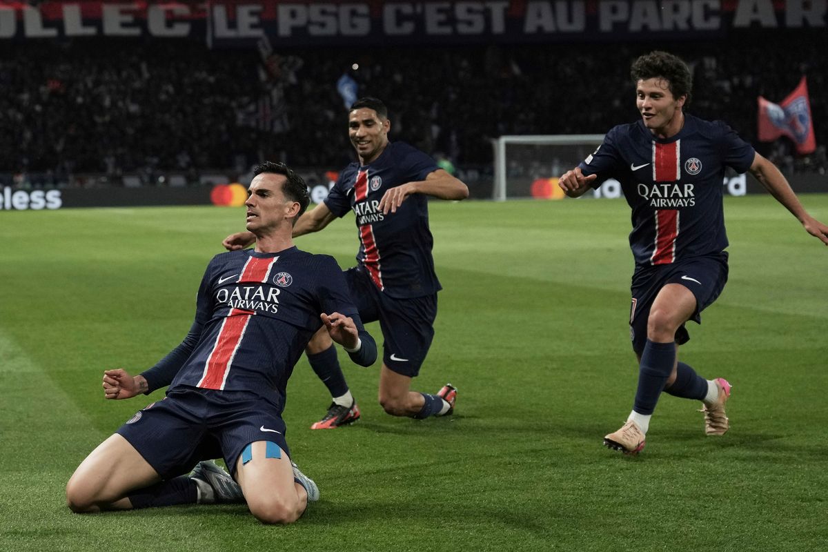 PSG's Fabian Ruiz celebrates after scoring his side's opening goal the Champions League semifinal, second leg soccer match between Paris Saint-Germain and Arsenal at the Parc des Princes