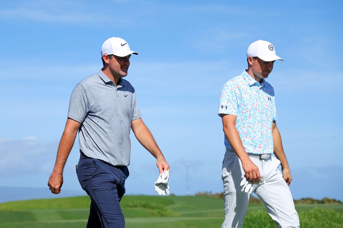 Scottie Scheffler of the United States and Jordan Spieth of the United States walk on the sixth tee during the second round of The Sentry at Plantation Course at Kapalua Golf Club on January 05, 2024 in Kapalua, Hawaii.
