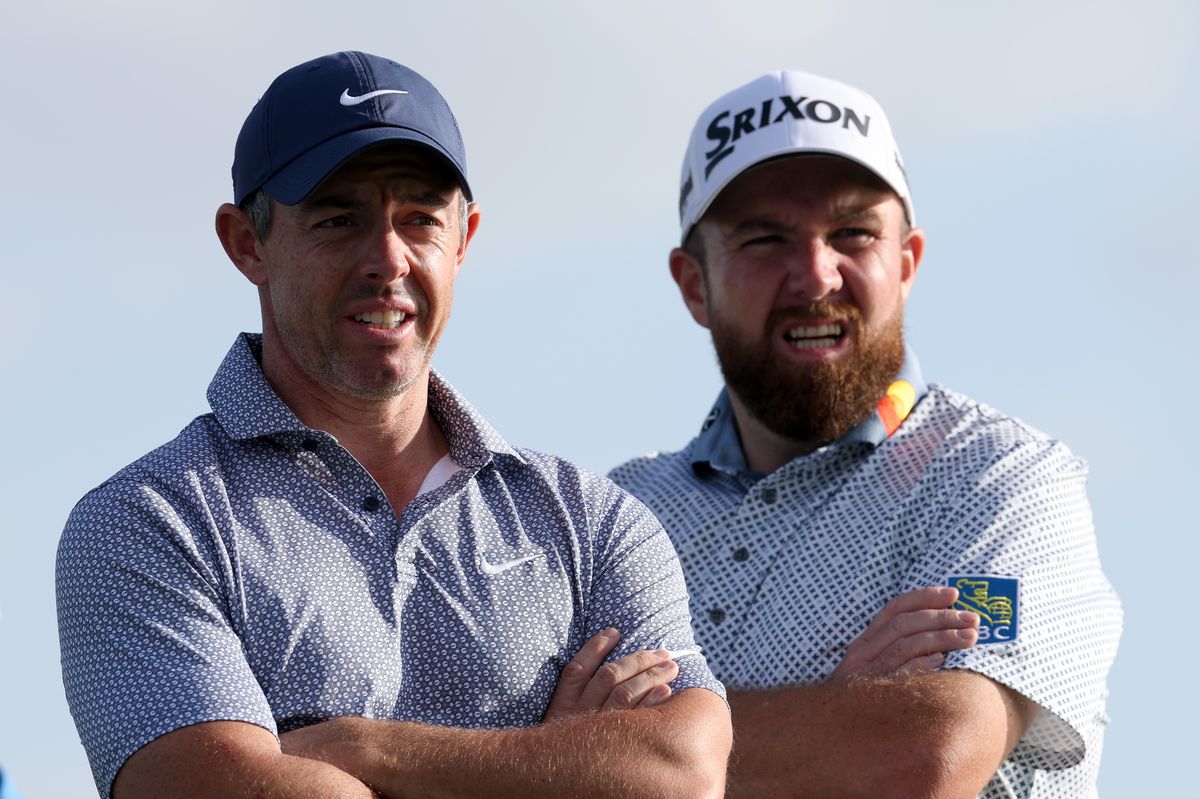  Rory McIlroy of Northern Ireland and Shane Lowry of Ireland look on on day two of the Dubai Invitational 2026 at Dubai Creek Resort on January 16, 2026 in Dubai, United Arab Emirates