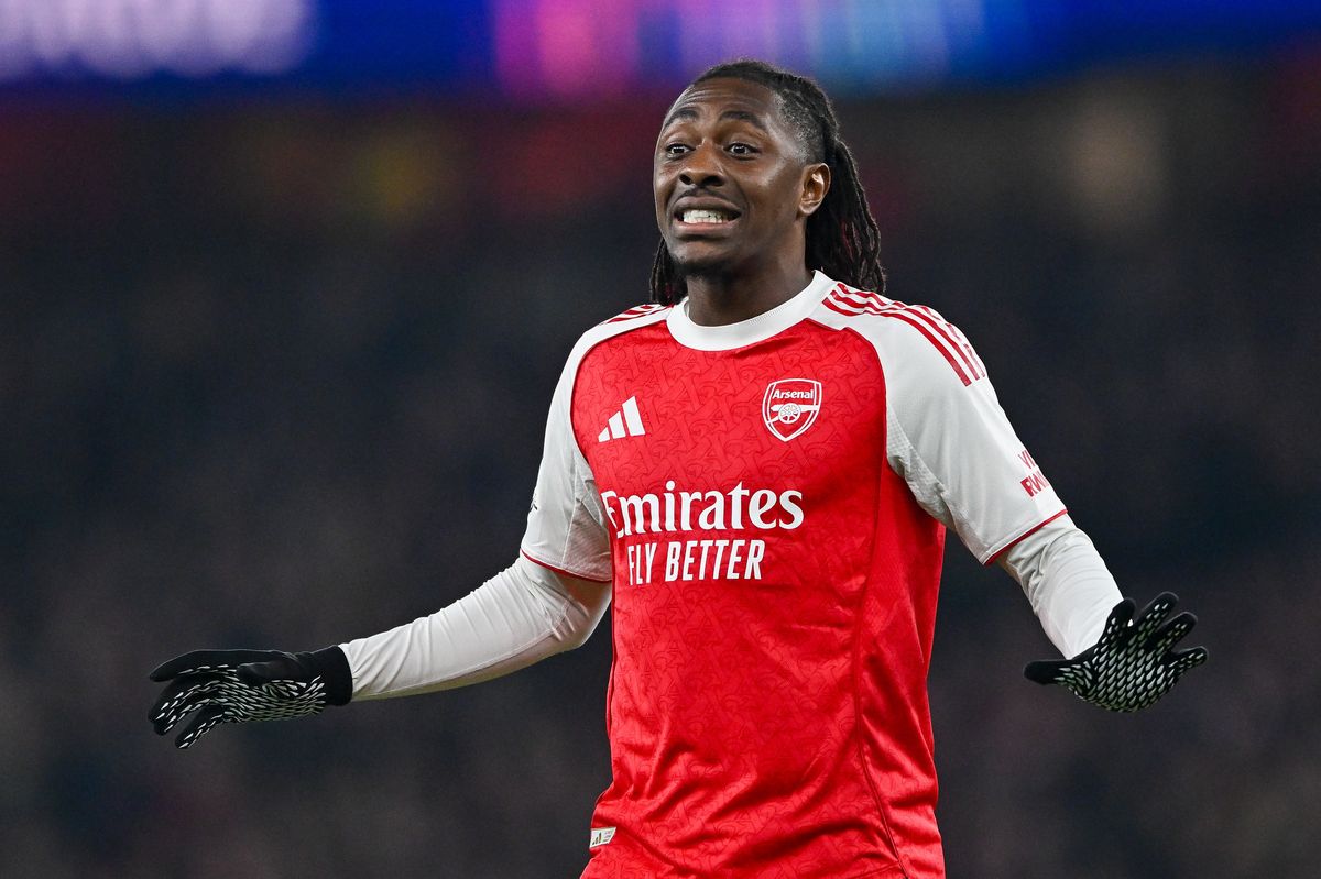 Eberechi Eze of Arsenal FC gestures during the UEFA Champions League 2025/26 Round of 16 Second Leg match between Arsenal FC and Bayer 04 Leverkusen at Arsenal Stadium on March 17, 2026 in London, United Kingdom