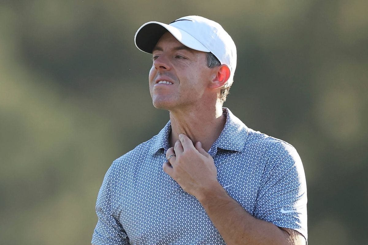 Rory McIlroy reacts on the 17th green during the third round of the Masters