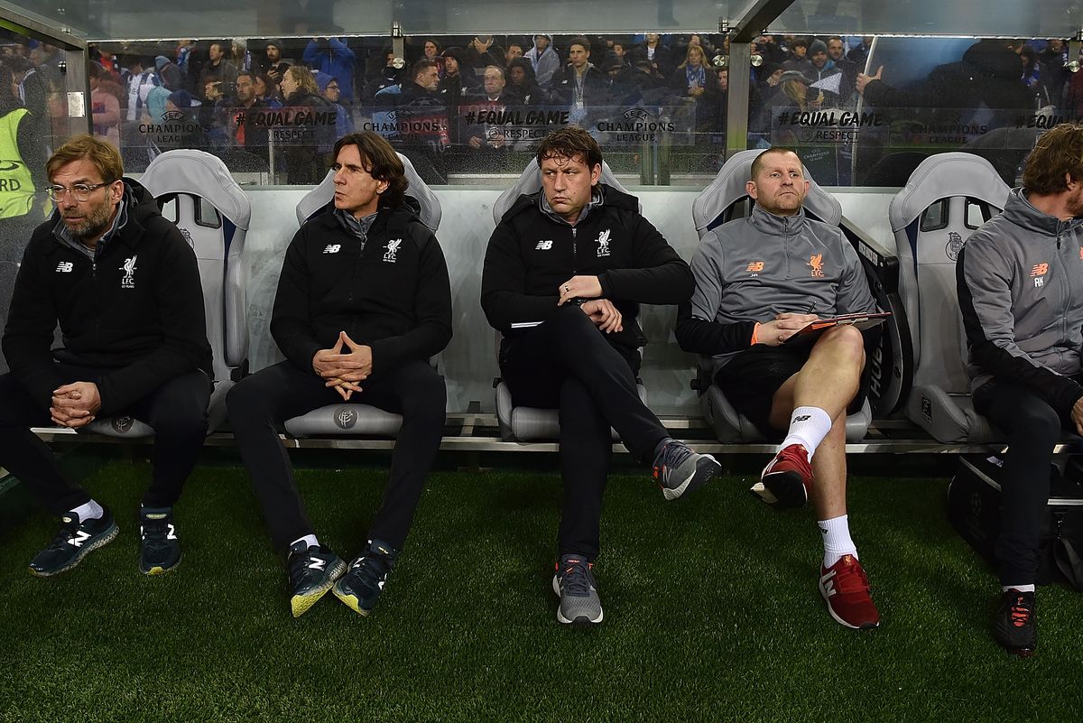PORTO, PORTUGAL - FEBRUARY 14:  (THE SUN OUT, THE SUN ON SUNDAY OUT) Jurgen Klopp manager of Liverpool with his staff Zeljko Buvac, Peter Krawietz, John Achterberg and Andreas Kornmayer before the UEFA Champions League Round of 16 First Leg  match between FC Porto and Liverpool at Estadio do Dragao on February 14, 2018 in Porto, Portugal.  (Photo by Andrew Powell/Liverpool FC via Getty Images)