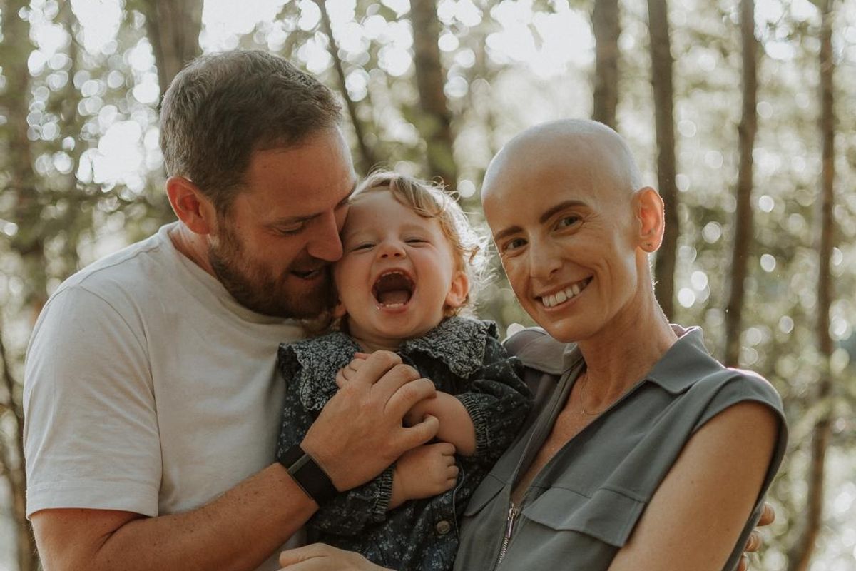 Harriet with her husband Joe and their daughter Nellie. Harriet found a lump hours before her baby shower, and weeks before her due date