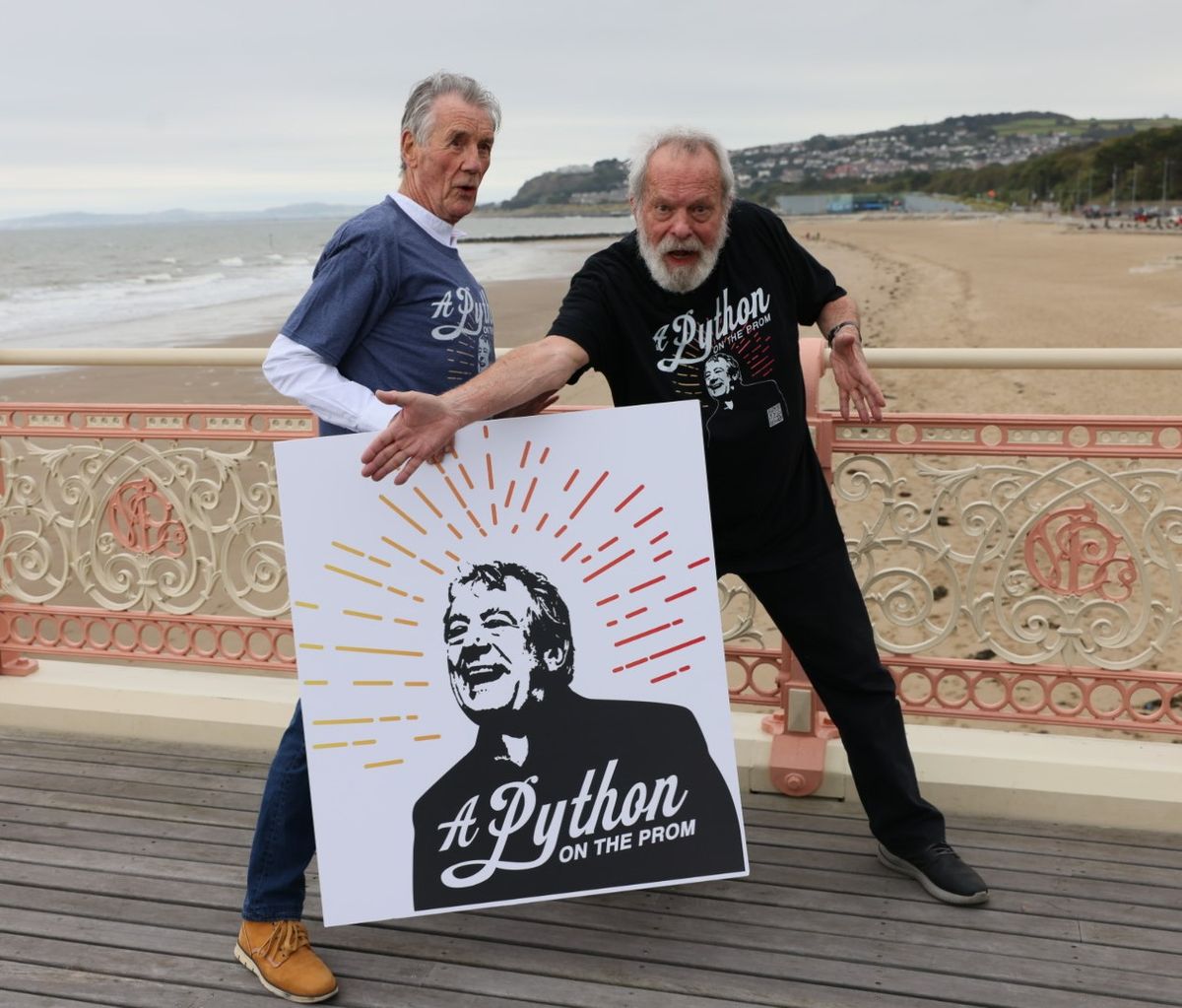 Sir Michael Palin (left) and Terry Gilliam launching the A Python on the Prom fundraising appeal for a statue of their fellow former Monty Python comedy team member Terry Jones in Colwyn Bay