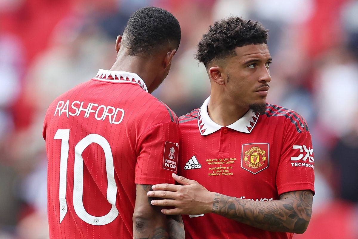 LONDON, ENGLAND - JUNE 03: Marcus Rashford interacts with Jadon Sancho of Manchester United after the Emirates FA Cup Final between Manchester City and Manchester United at Wembley Stadium on June 03, 2023 in London, England. (Photo by Eddie Keogh - The FA/The FA via Getty Images)
