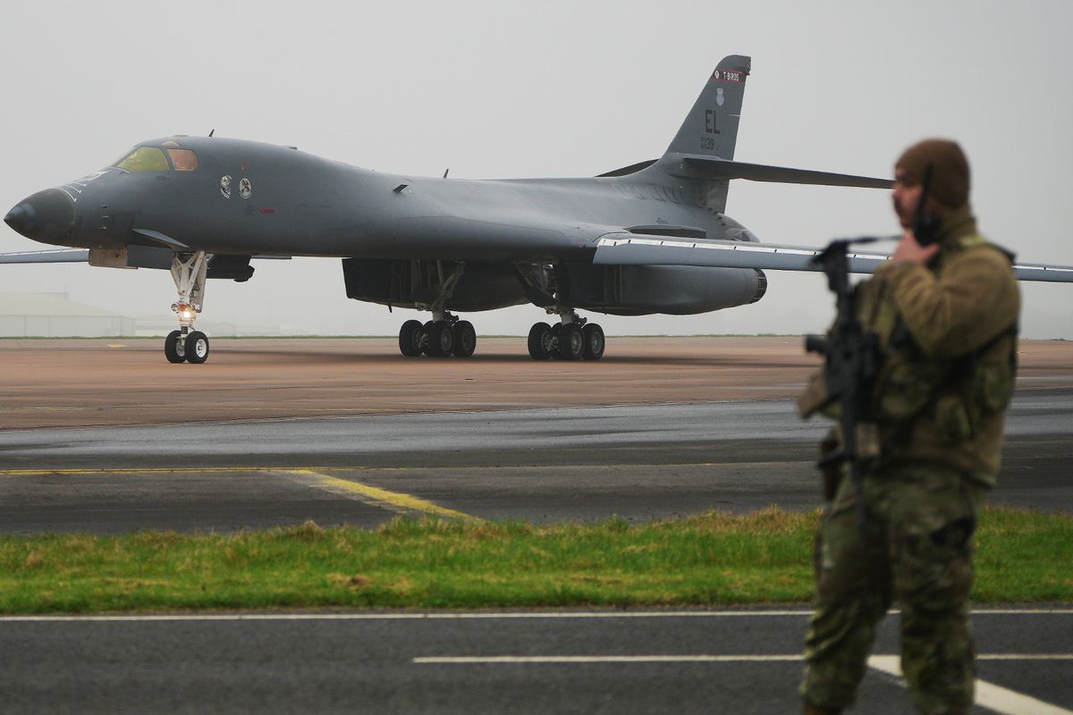 A US Airforce Rockwell B-1 Lancer bomber lands at RAF Fairford last month