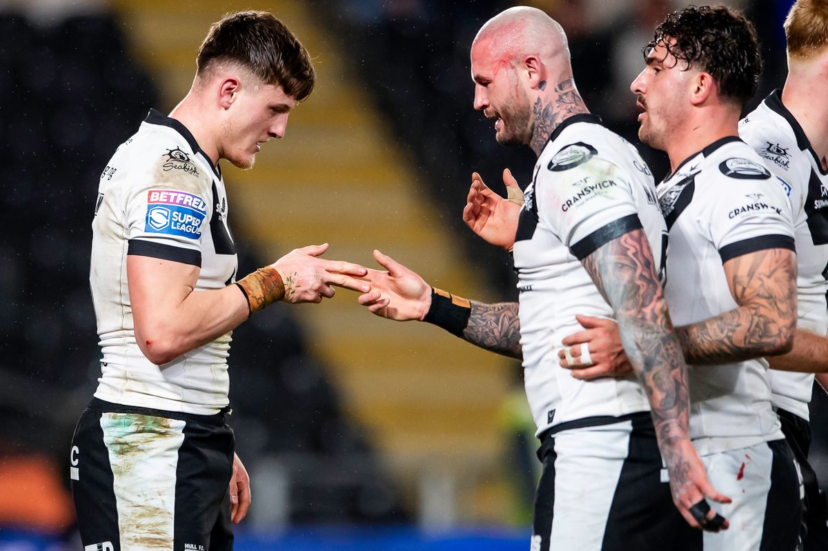 Hull FC's Davy LItten celebrates his try against York with Zak Hardaker.